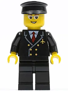 AIR044:  Airport - Pilot with Red Tie and 6 Buttons, Black Legs, Black Hat, Glasses, Open Mouth Smile