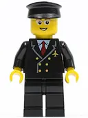 Minifigurka: AIR044:  Airport - Pilot with Red Tie and 6 Buttons, Black Legs, Black Hat, Glasses, Open Mouth Smile