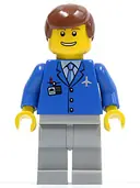 Minifigurka: AIR045:  Airport - Blue 3 Button Jacket & Tie, Light Bluish Gray Legs, Reddish Brown Male Hair, Thin Grin with Teeth