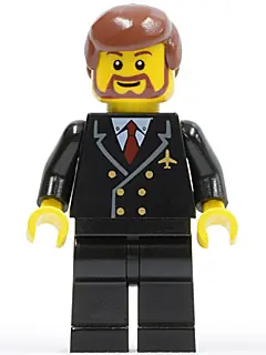 AIR048:  Airport - Pilot with Red Tie and 6 Buttons, Black Legs, Reddish Brown Hair, Brown Beard Rounded