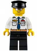 Minifigurka: AIR049:  Airport - Pilot, White Shirt with Dark Blue Tie, Belt and ID Badge, Black Legs, Black Hat