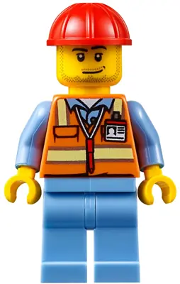 AIR050:  Orange Safety Vest with Reflective Stripes, Medium Blue Legs, Red Construction Helmet, Smirk and Stubble Beard