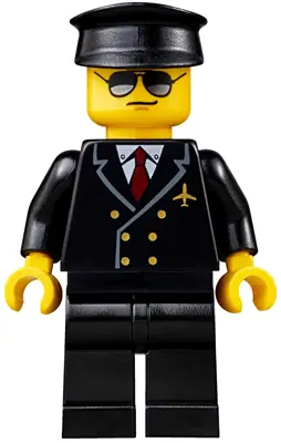 AIR055:  Airport - Pilot, Black Legs, Red Tie and 6 Buttons, Black Hat, Black and Silver Sunglasses