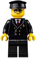 Minifigurka: AIR055:  Airport - Pilot, Black Legs, Red Tie and 6 Buttons, Black Hat, Black and Silver Sunglasses
