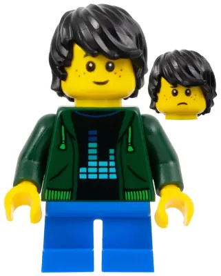 BDP034:  Child - Boy, Dark Green Hoodie, Blue Short Legs, Black Tousled Hair, Freckles