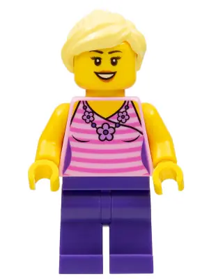 BDP037:  Female, Dark Pink Striped Top, Dark Purple Legs, Bright Light Yellow Ponytail