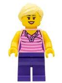 Minifigurka: BDP037:  Female, Dark Pink Striped Top, Dark Purple Legs, Bright Light Yellow Ponytail
