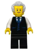 Minifigurka: BDP040:  Receptionist, Male, Black Vest with Blue Striped Tie, Black Legs, Light Bluish Gray Hair