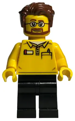 BDP053:  LEGO Store Employee, Black Legs, Beard and Glasses, Reddish Brown Tousled Hair