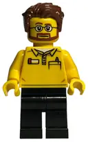 Minifigurka: BDP053:  LEGO Store Employee, Black Legs, Beard and Glasses, Reddish Brown Tousled Hair