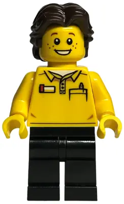 BDP056:  LEGO Store Employee, Black Legs, Dark Brown Short Wavy Hair