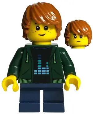 BDP058:  Child - Boy, Dark Green Hoodie, Dark Blue Short Legs, Dark Orange Tousled Hair, Freckles