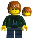Minifigurka: BDP058:  Child - Boy, Dark Green Hoodie, Dark Blue Short Legs, Dark Orange Tousled Hair, Freckles
