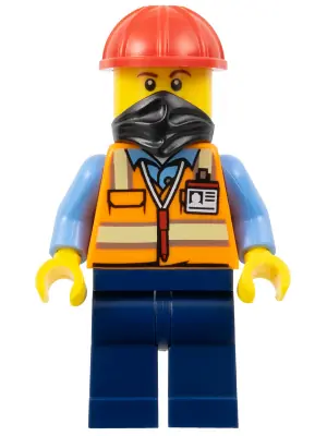 BDP059:  Construction Worker - Male, Orange Safety Vest with Reflective Stripes, Dark Blue Legs, Red Construction Helmet, Black Bandana