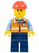 Minifigurka: BDP060:  Construction Worker - Male, Orange Safety Vest with Reflective Stripes, Dark Blue Legs, Red Construction Helmet, Smirk