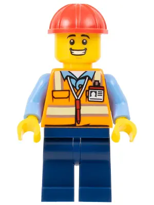 BDP061:  Construction Worker - Male, Orange Safety Vest with Reflective Stripes, Dark Blue Legs, Red Construction Helmet, Large Grin