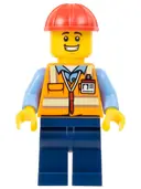 Minifigurka: BDP061:  Construction Worker - Male, Orange Safety Vest with Reflective Stripes, Dark Blue Legs, Red Construction Helmet, Large Grin