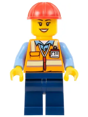 BDP062:  Construction Worker - Female, Orange Safety Vest with Reflective Stripes, Dark Blue Legs, Red Construction Helmet (Crane Operator)