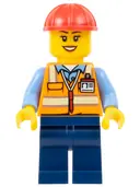 Minifigurka: BDP062:  Construction Worker - Female, Orange Safety Vest with Reflective Stripes, Dark Blue Legs, Red Construction Helmet (Crane Operator)