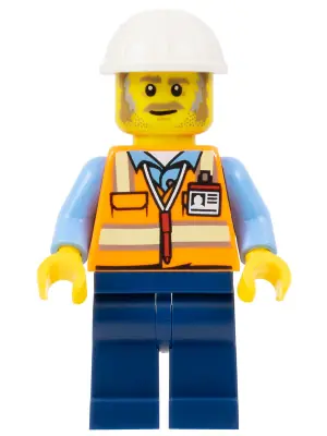 BDP063:  Construction Foreman - Male, Orange Safety Vest with Reflective Stripes, Dark Blue Legs, White Construction Helmet