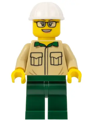 BDP064:  Construction Engineer / Architect - Female, Tan Shirt, Dark Green Legs, White Construction Helmet