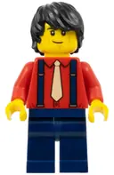 Minifigurka: BDP070:  Man - Red Shirt with Tan Tie, Dark Blue Legs, Black Tousled Hair