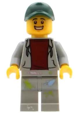 BDP072:  Mechanic - Male, Light Bluish Gray Hoodie, Light Bluish Gray Legs with Paint Splotches, Dark Green Cap