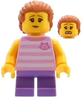 BDP081:  Child - Girl, Bright Pink Striped Shirt with Cat Head, Medium Lavender Short Legs, Dark Orange Swept Back Hair with Ponytail