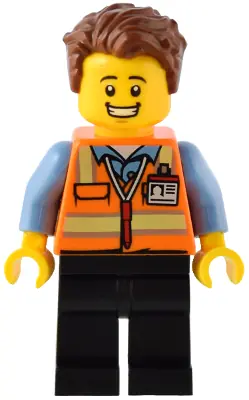 BDP082:  Train Driver - Male, Orange Safety Vest with Reflective Stripes, Black Legs, Reddish Brown Hair