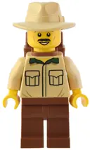 Minifigurka: BDP084:  Traveler - Male, Tan Shirt, Reddish Brown Legs, Reddish Brown Backpack, Tan Fedora Hat