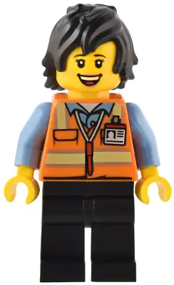 BDP086:  Train Driver - Female, Orange Safety Vest with Reflective Stripes, Black Legs, Black Hair