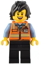 Minifigurka: BDP086:  Train Driver - Female, Orange Safety Vest with Reflective Stripes, Black Legs, Black Hair