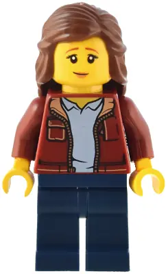 BDP088:  Traveler - Female, Dark Red Jacket with Bright Light Blue Shirt, Dark Blue Legs, Reddish Brown Hair