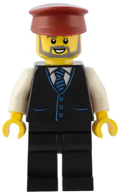 BDP090:  Station Master - Black Vest with Blue Striped Tie, Black Legs, Dark Red Hat, Beard