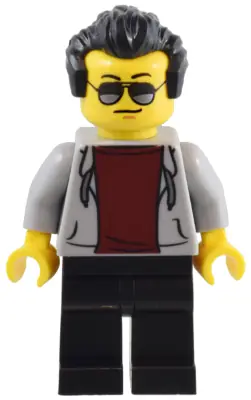 BDP093:  1950s Diner Patron - Male, Light Bluish Gray Hoodie with Dark Red Shirt, Black Legs, Black Hair