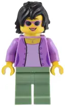 Minifigurka: BDP094:  1950s Diner Patron - Female, Medium Lavender Jacket, Sand Green Legs, Black Hair