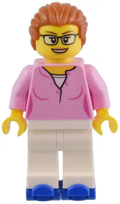 BDP096:  1950s Diner Waitress - Bright Pink Top, White Legs, Dark Orange Hair, Blue Roller Skates