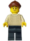 Minifigurka: BDP106:  Painter - Male Artist, Tan Knit Cable Sweater, Black Legs, Reddish Brown Flat Cap