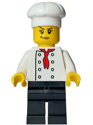 BDP107:  Bistro Chef - Female, White Torso with 8 Buttons, Black Legs, White Chef Toque