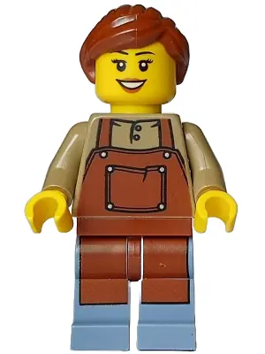 BDP108:  Florist - Female, Reddish Brown Apron, Sand Blue Legs, Reddish Brown Hair Ponytail (Fleuriste Laurette)