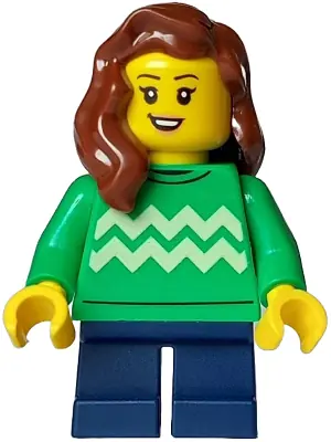 BDP110:  Child - Girl, Bright Green Sweater with Bright Light Yellow Zigzag Lines, Dark Blue Short Legs, Reddish Brown Hair over Shoulder