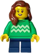 Minifigurka: BDP110:  Child - Girl, Bright Green Sweater with Bright Light Yellow Zigzag Lines, Dark Blue Short Legs, Reddish Brown Hair over Shoulder