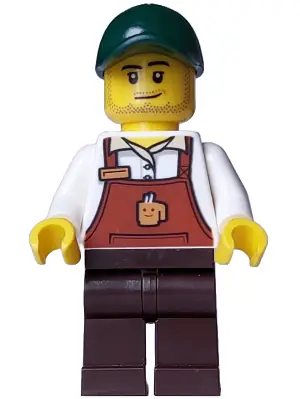 BDP111:  Bakery / Boulangerie Owner - Reddish Brown Apron with Cup and Name Tag, Dark Brown Legs, Dark Green Cap