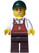 Minifigurka: BDP111:  Bakery / Boulangerie Owner - Reddish Brown Apron with Cup and Name Tag, Dark Brown Legs, Dark Green Cap