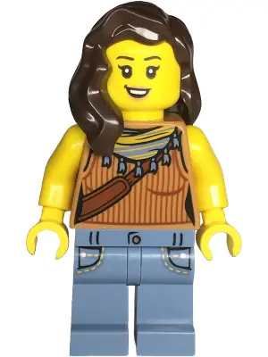 BDP113:  Snack Shack Patron - Female, Medium Nougat Tank Top, Sand Blue Legs with Pockets, Dark Brown Hair