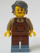 Minifigurka: BDP115:  General Store Owner - Male, Reddish Brown Apron, Sand Blue Legs, Dark Bluish Gray Hair