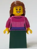 Minifigurka: BDP118:  General Store Customer - Female, Dark Pink Sweater, Dark Green Skirt, Reddish Brown Hair