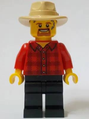 BDP119:  General Store Carriage Driver - Male, Red Plaid Flannel Shirt, Black Legs, Tan Fedora