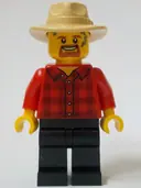 Minifigurka: BDP119:  General Store Carriage Driver - Male, Red Plaid Flannel Shirt, Black Legs, Tan Fedora