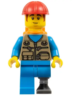 BDP122:  Train Worker Robert - Dark Tan Vest, Dark Azure Legs, Prosthetic Left Leg, Orange Air Tanks, Construction Helmet